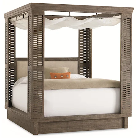 "Shutter Island" King Size Canopy Bed with Upholstered Headboard and Jigsaw Posts